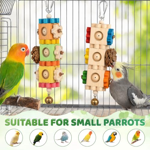 2 Pcs Bird Chew Toys for Parrots, Rotating Wooden Block Foraging Toy with Pine Cones & Bell, Hanging Multi-Layer Parrot Enrichment Cage Accessories for Beak Grinding, for Conure, Cockatiel, Budgie