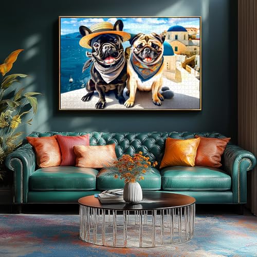 1000 Piece Jigsaw Puzzle for Adults Cute Fun Dog Vacation in Santorini Greece Scene Beautiful Landscape Puzzle Fun Bulldog Puzzle Games for Adults Night (70x50cm) - color: Fun Dog
