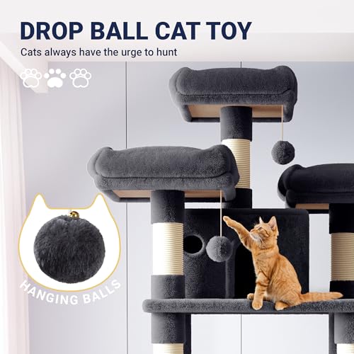 Allewie 82 Inches Large Cat Tree/House/XXL Tall Cat Towers for Big Feline/Scratching Post/Multi-Level Large Kitty Climbing Tree with Condo/Smokey Grey - color: Smoky Grey, size: 82 in