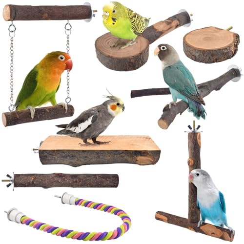 DBNESS Bird Perches, 8pcs Natural Wood Parrot Perch Climbing Stand Toys Bird Cage Accessories Hanging Multi-Branch Perch Platform Swing Toy Rope Perches for Parakeet, Conures, Budgies