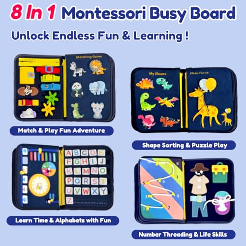 Qizfun Toddler Busy Board Montessori Toys – Sensory Busy Book, Educational Learning Travel Toy for Airplane & Car, Keeps Toddlers Entertained, Birthday Gifts for Toddler Boys Girls (Blue/P8) - style: Blue Dino/P8