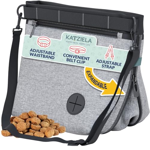 Katziela Expandable Pet Treat Pouch - Hands Free Dog Treat Pouch, Quick Access Magnet Closure - Anti Spill Dog Treat Bag - Treat Pouches for Pet Training, Adjustable Shoulder Strap & Belt Clip (Grey) - color: Grey