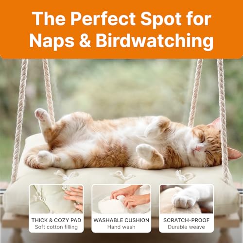 Cat Window Perch with Industrial-Grade Suction Cups - Solid Pine Wood Hammock Bed, Soft Cushion - 42 lb Capacity for Cats Inside - color: Beige, size: Medium