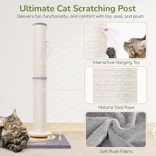 Globlazer Extra Thick Large Scratching Post for Indoor Cats Adults and Kittens, 35in Tall Natural Sisal Rope Scratcher Post, Large Cat Scratcher with Ball Interactive Toy, SC35, Light Grey - color: Light Grey