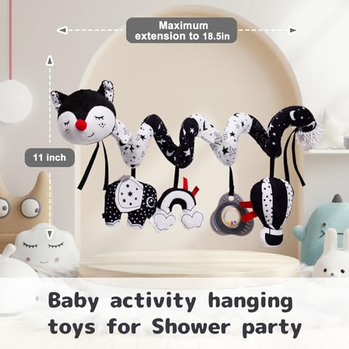 Koty Car Seat Toys, Infant Baby Spiral Plush Activity Hanging Toy for Stroller Bar Pram Crib with Music Box BB Squeaker & Rattles(Black Fox) - color: Black & White Fox