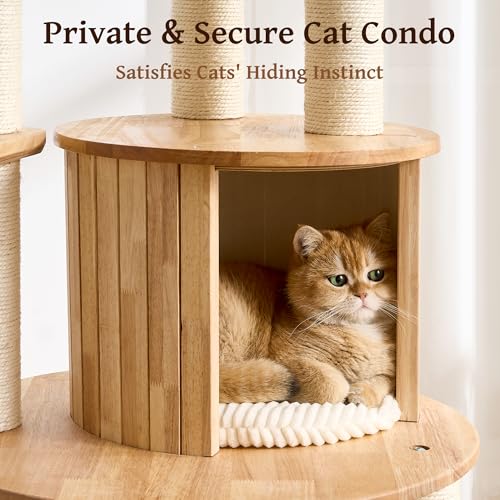 Solid Wood Cat Tree Tower with Scratching Post, 67 Inches Tall Cat Towers with Capsule and Condo, Modern Cat Tower with Rotating Ball Toy and Removable Top Bed for Indoor Cats - color: 67 inch-Condo