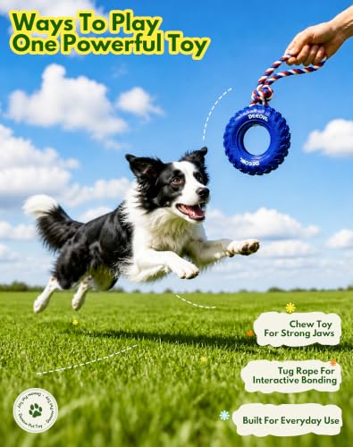 Deeow Tether Dog Tire Chew Toy for Teething & Treat Dispensing-Blue 6.3'' - size: With Rope