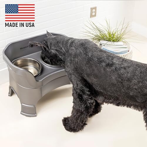 Neater Feeder Deluxe Mess-Proof Elevated Dog Bowls for Large Dogs (40+ lbs), 2 Height Adjustable (14.5” & 17.5”) No-Spill Raised Dog Bowl Stand, Stainless Steel Food Bowl Set, Made in USA, Gunmetal - color: Gunmetal, size: Large + Standard Bowl