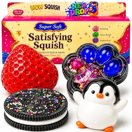 4PCS Cute Squishy Toys Set Strawberry Cookie Penguin Hamster Mochi Fidget Sensory Toy for Stress Relief Anxiety Calming Washable Desk Accessories Party Favors Gifts for Kids Adults