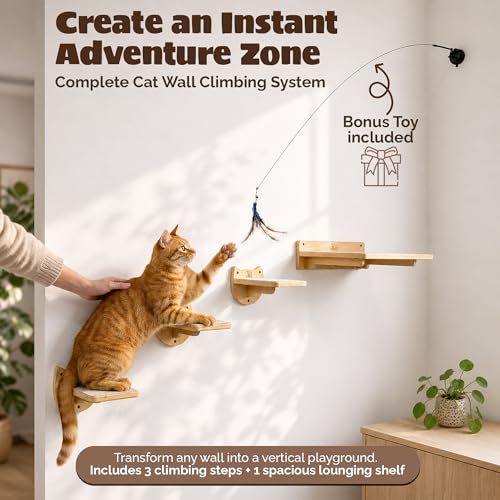 Snuggle & Play Cat Wall Shelves & Climbing System – Modern Furniture Set with 3 Steps & Perch for Indoor Cats, Includes Wand Toy