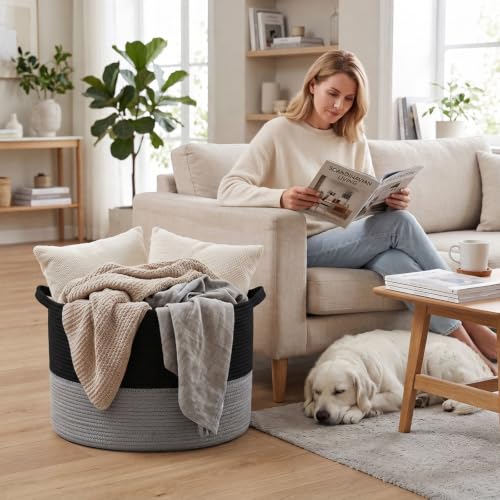 115L Large Blanket Basket,Woven Rope Laundry Basket-Black&Dark Grey - color: Black&Dark Grey, size: 23.6"L x 23.6"W x 15.7"H(115L)