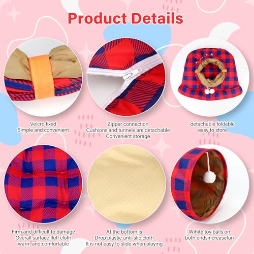 BWOGUE Bunny Tunnel Bed, 2-in-1 Collapsible Rabbit Tunnel Hideout with Mat - color: RedPlaid