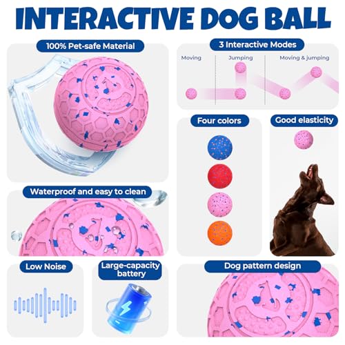 Fsitego Dog Balls: Interactive Dog Ball Auto Rolling - Interactive Dog Toys for Aggressive Chewers - Bouncy & Throwable, Type-C Rechargeable, Washable, for Small & Medium & Large Dogs – Pink