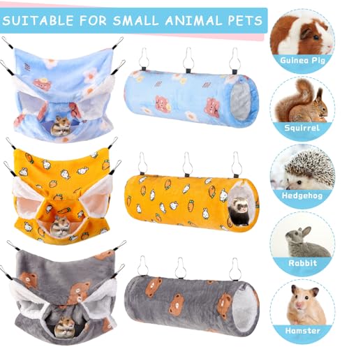 Sweetude 6 Pcs Rat Hammock Set Ferret Hanging Tunnel 3 Tier Guinea Pig Hammocks Hideout Soft Chinchilla Bed for Cage Accessories Hide,Play and Sleep (Sun,Bear) - color: Sun