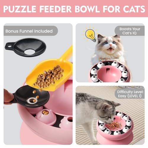 Cat Puzzle Feeder Slow Food Bowl – Interactive Slow Feeder Bowl for Indoor Cats, Treat Dispensing Enrichment Toy,Mental Stimulation and Boredom Relief (Pink) - color: Pink