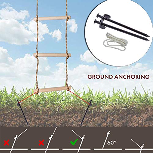 Wooden Rope Ladder for Kids with Ground anchoring - Lenght 6.5'(2m) Width 16"(40cm) - Outdoor or Indoor Climbing Rope Ladder for Ninja Slackline, Backyard, Playground, Home Gym, Park, Treehouse