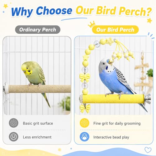 Bird Parrot Perch with Beads and Bow Chew Toy,Cage Platform Toy and Exercise Accessories for Budgies Parakeets Cockatiels Conures and Lovebirds (Yellow) - color: yellow
