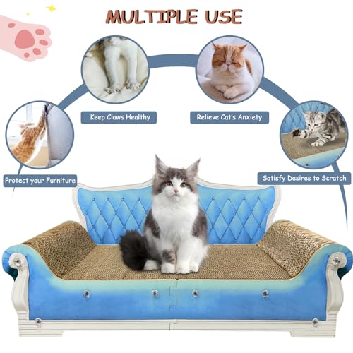 Luxury Cardboard Cat Scratcher Sofa Bed, Couch Shaped Scratching Board, Scratch Lounge with Catnip Toy, Cat Scratcher for Indoor Cats Large Blue 25.4"x12" - color: Blue Sofa