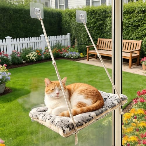Cat Window Perch with Adhesive Hooks Foldable Cat Window Hammock for Cats up to 30 lbs, Sturdy Metal Frame, Easy to Adjust Assemble, Soft Removable Cushion Included, Cats Bed for Indoor Watching Bird
