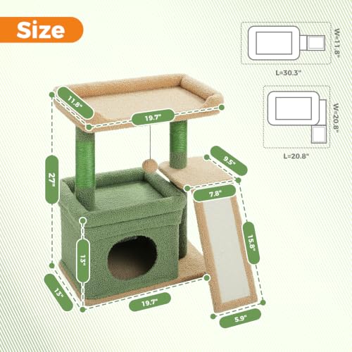 PEQULTI Small Cat Tree Tower for Indoor Cats with Large Perch, Green - color: Green, size: L Plus(19.3"L x 12.2"W)