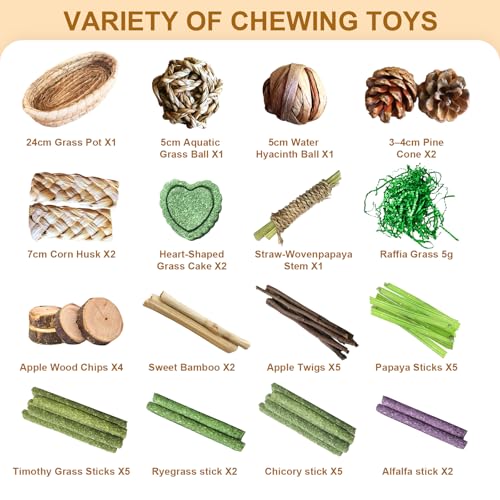 33PCS rabbit toys Rabbit Chew Treat Toys for Teeth Health, Natural Bunny EnrichmentToys for Boredom & Stress Relief, Keep Busy Toys for Guinea Pig Chinchilla Hamster Rat Gerbil Degu Indoor Outdoor