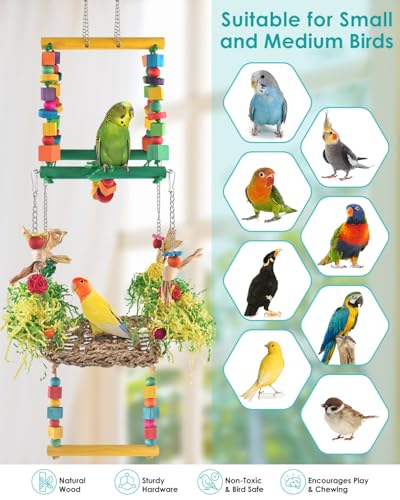 DBNESS Bird Hammock Toys Parakeet Perches Swing, 3in1 Detachable Parrot Cage Accessories, Wooden Hanging Chew Toys for Medium Conure Cockatiel Quaker Lory - size: 3 in 1