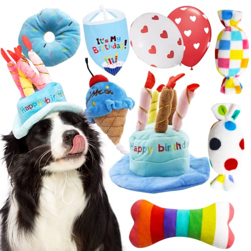 lilfrd 9Pcs Blue Dog Birthday Toy Set, Squeaky Hat Bandana Gift for Dogs - style: Blue Birthday Pack