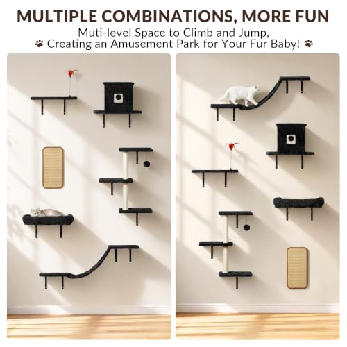 Cat Wall Shelves, 6-in-1 Cat Wall Furniture Set, Black - color: Black