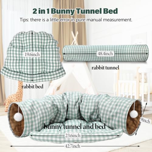 BWOGUE Bunny Tunnel Bed, 2-in-1Collapsible Rabbit Tunnel Hideout with Mat - color: GreenPlaid