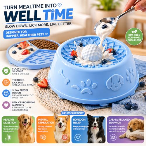 Slow Feeder Dog Bowls with Rolling Ball & Lick Mat for Dogs, Interactive Dog Enrichment Toy, Anti-Slip Puzzle Feeder for Yogurt, Bone Broth & Wet Food, Slow Eating Bowl for Small, Medium & Large Dogs - color: Light Blue