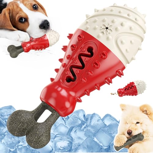 Cooling Freezable Dog Toy with Natural Coffee Wood – Dental Cleaning, Teething Relief & Treat Dispensing Chew Toy for Small Medium Large Breeds (Red) - color: Red