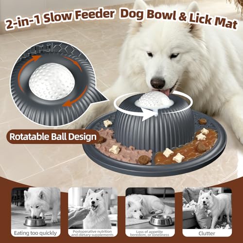 2-in-1 Dog Slow Feeder Bowl & Lick Mat with 2 Rotatable Balls, No-Slip Silicone Anxiety Relief Treat Mat for Dogs & Cats, Dishwasher Safe (Gray) - color: Gray