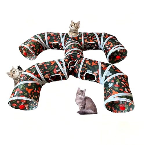 Foldable H-Shaped Cat Tunnel Toy with Interactive Playing Balls - 4 Exits for Cats, Kittens, Rabbits & Small Pets Collapsible Play Tube for Indoor Fun & Exercise - color: Brown White