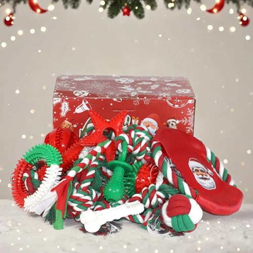 Christmas Dog Toys 15 Pack, Puppy Rubber Chew Toys with Rope Toys Set, Interactive Tough Christmas Gifts Box for Dogs, Training Playing Teething Busy Toys Bulk for Holiday Puppies Presents - color: Red