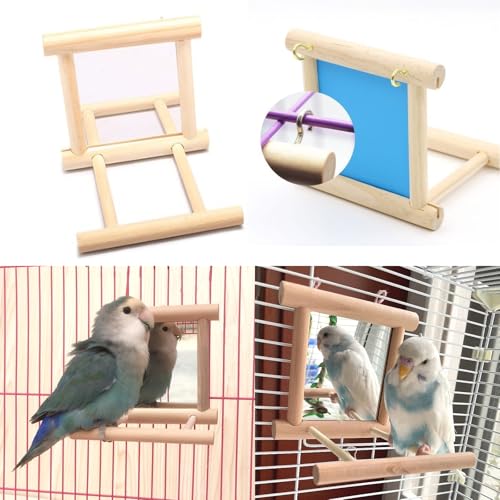 2Pcs Bird Mirror Parakeet Mirror Perch Stand Wooden Swing Mirror Toy Cage Accessories for Parrots Budgies Parakeets Cockatiels Lovebirds Finches - size: 2 Pcs