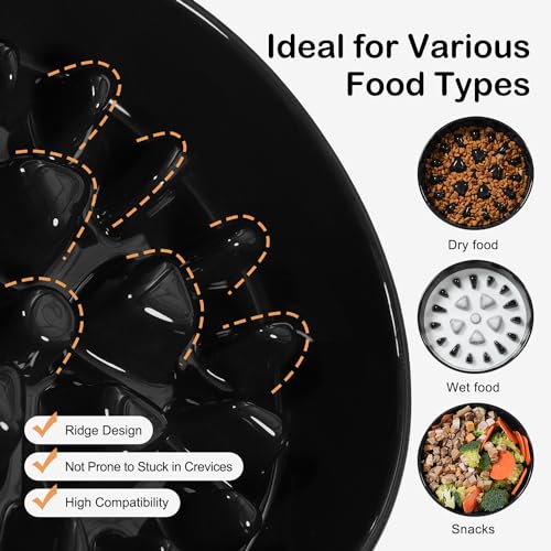 Sted Ceramic Slow Feeder Dog Bowls with Silicone Base - color: Black, size: Medium-8 inches