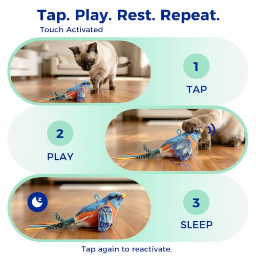 Interactive Flapping Bird Cat Toy for Indoor Cats, Auto Chirping Cat Toys, Touch Activated Rechargeable Self Play for All Breeds Cat Kicker Toys, with 5 Bird Covers and Catnip Pouches