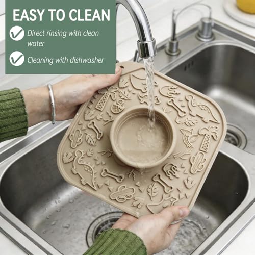 Lick Mat for Dog & Cat, Durable Silicone Licking Mat with Suction Cups, Easy-to-Clean, Chew-Proof, 2-in-1 Slow Feeder Pad Bowl for Dry & Wet Food, Puppy Enrichment Toy for Anxiety Relief, Pet Grooming - color: Khaki
