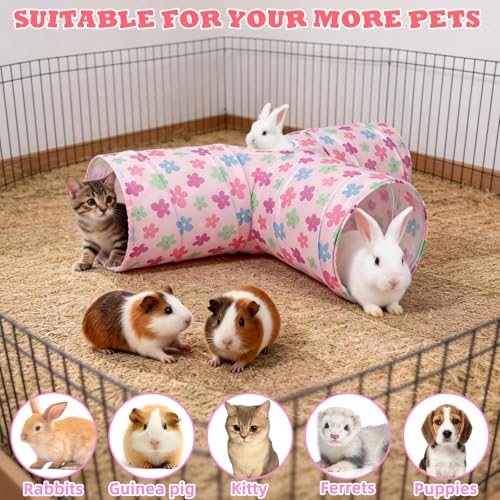 BWOGUE Bunny Tunnels & Tubes, 3-Way Collapsible Rabbit Hideout for Bunnies - color: Pinkflower