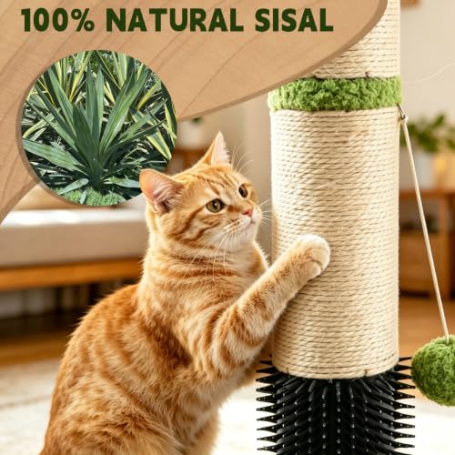 39.4'' Tall Cat Scratching Post,3.5 Inch Wide Sisal Cat Scratcher Tree with Leaves,Interactive Cat Toys for Indoor - color: green-39.4inch