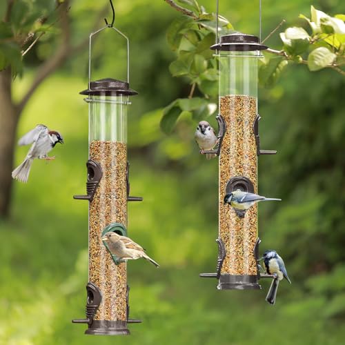 ERYTLLY Metal Bird Feeders - Tube Feeder for Wild Birds, 1.4mm Thick Transparent Tube, Squirrel Proof Hanger - color: Coffee-Metal 6 Feeding Ports