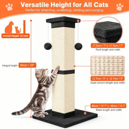 Cat Scratching Post 33 Inch Nature Sisal Cat Scratch Post for Indoor Cats, Large Cat Scratcher Protect Your Furniture, Black - color: Black