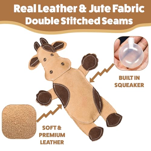 SPOT Dura-Fused Leather Barnyard Animals - Stuffed Dog Toy with Squeaker, Real Leather & Jute Fabric, for Light to Moderate Chewers, Great for Adult Dogs and Puppies - 11in, Assorted Styles, 1 Piece