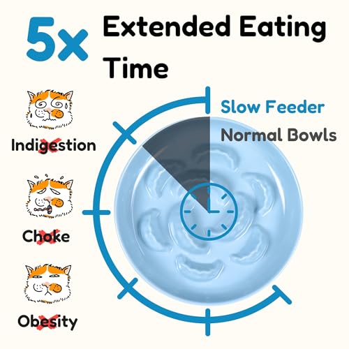 Slow Feeder Cat Bowl with Stand - Unbreakable Elevated Slow Feeder Bowl for Cats - Melamine Puzzle Raised Cat Food Bowl - Whisker Friendly & Wet & Dry Food- Dishwasher Safe & Non Slip (Blue - color: Blue