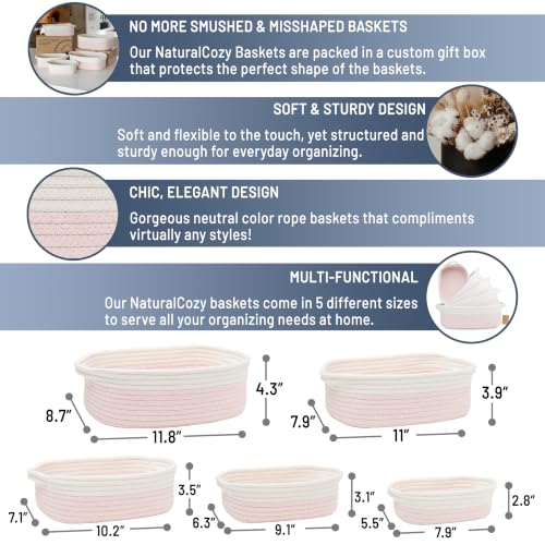 NaturalCozy 5-Piece Rectangle Storage Basket Set- Natural Cotton Rope Woven Baskets for Organizing! Small Basket for Montessori, Baby Nursery, Dog Toy Baskets, Cat Toy Box, Bathroom Organization Bin - color: Off White & Mixed Pink