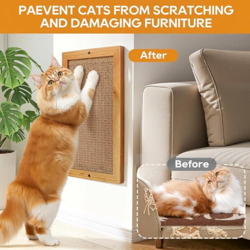 Wooden Sisal Cat Scratching Post, Wall & Floor Mount Vertical Cat Scratch Pad for Indoor Kittens Adult Cats, Durable Cat Wall Scratcher Furniture Protector Cat Toy