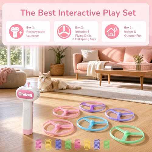 Cat Toy Disc Launcher,Rechargeable Interactive Cat Fetch Toy with 6 Discs - color: Pink