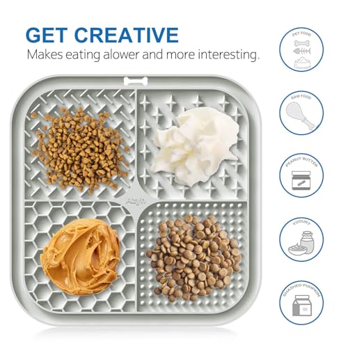 2 PCS Licking Mat for Dogs & Cats with Suction Cups, Dog Slow Feeder Lick Pat for Anxiety Relief, Dog Toys Feeding Mat for Butter Yogurt Peanut, Pets Bathing Grooming Training Mat (7.9''*7.9'') - color: Grey&Beige Square