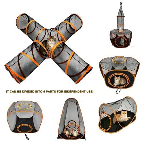 6-in-1 Modular Cat Playground with Hanging Climbing Tunnel,Large Cat House Condo & Enclosure for Multiple Cats,Portable Cat Activity Center with Cube Tents & Y-Tunnel for Cats,Rabbits & Small Animals