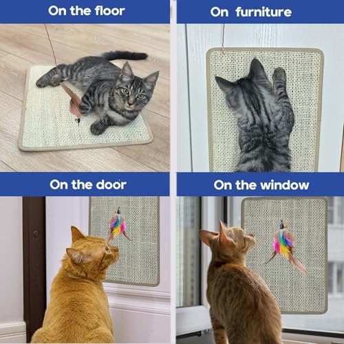 Cat Nail File Scratcher - Natural Sisal Scratch Mat with 80-Grit Aluminum Oxide, Adhesive Sheets & Expansion Screws for Secure Wall/Floor Mounting, Ideal for Trimming Cat Claws (16.53×13,.38)